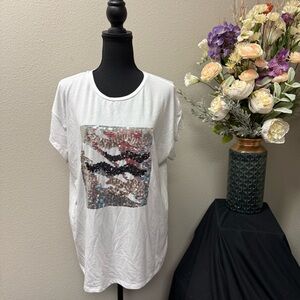 Zara White Oversized Sequin Graphic Tee. Size Large